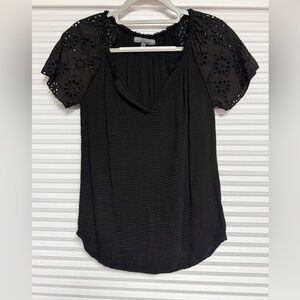 Red Haute Black Cotton Top with Eyelet Sleeves